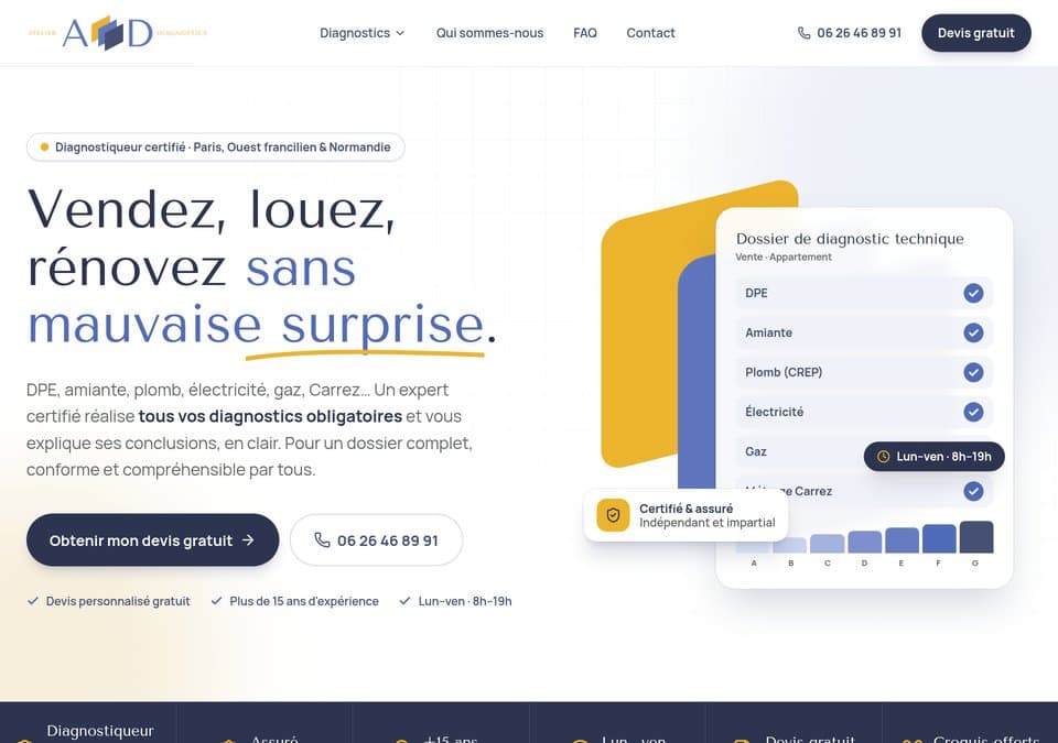 Page d'accueil de la refonte du site de L'Atelier des Diagnostics