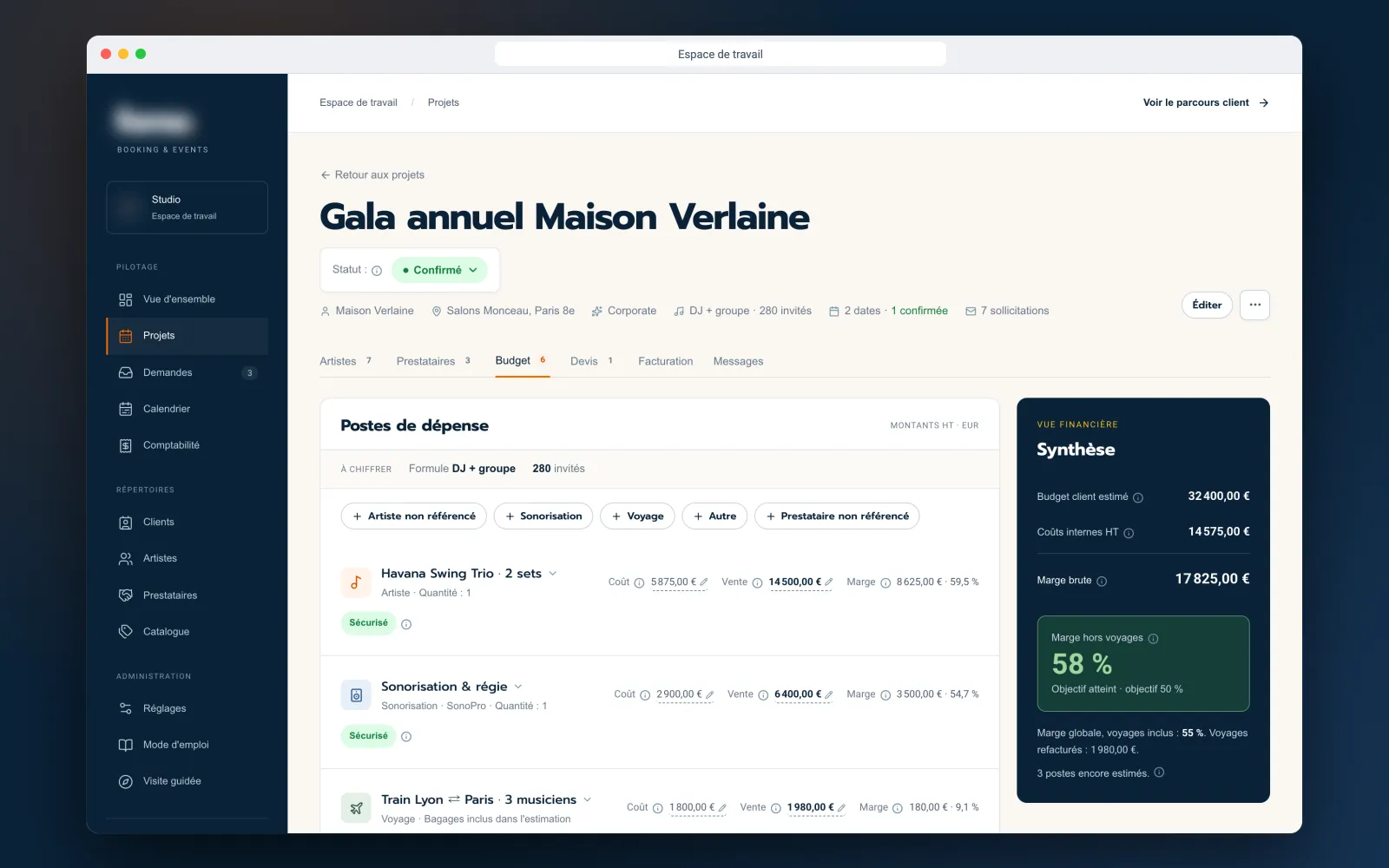 Budget tab: cost lines and financial summary with margin
