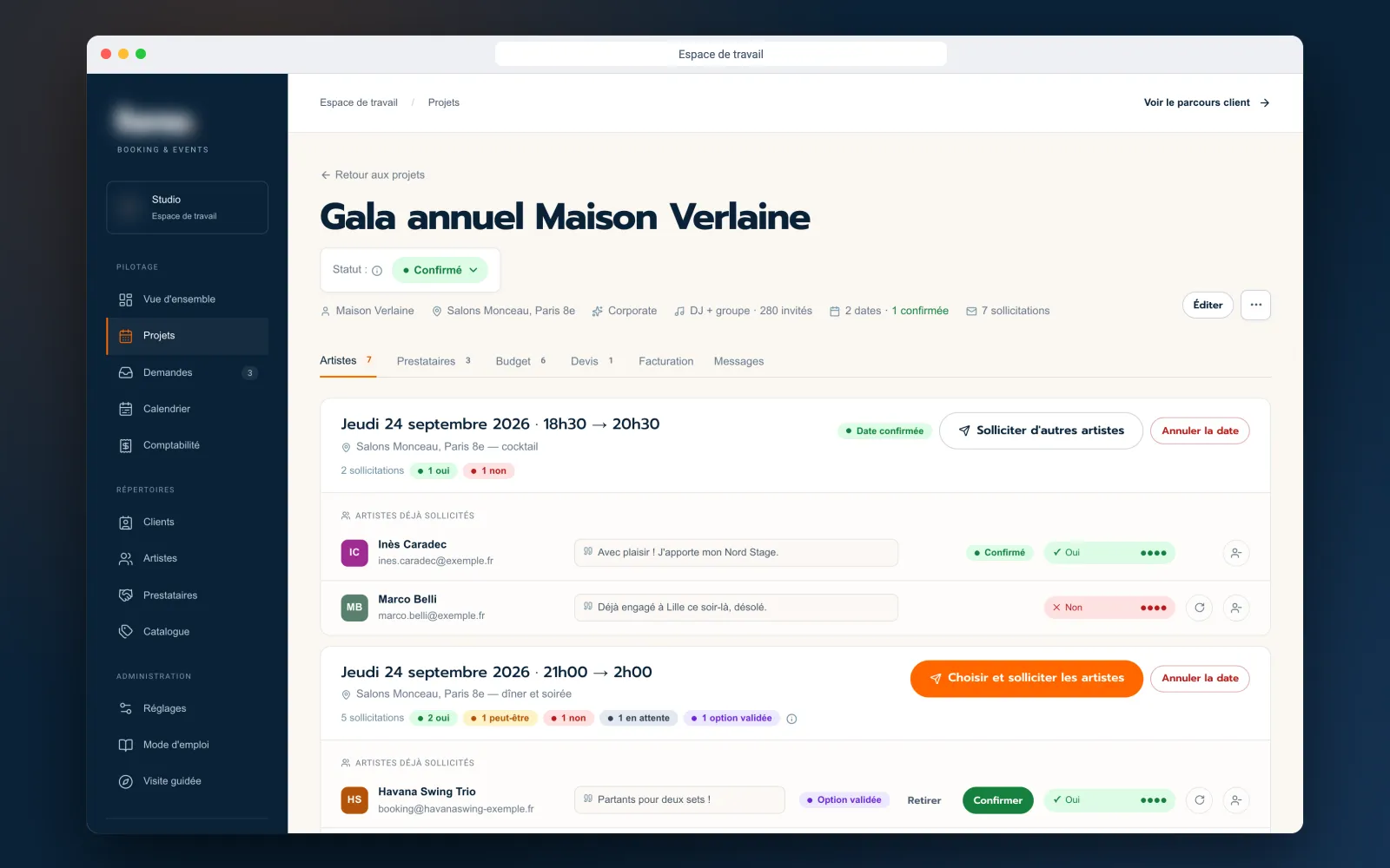 Project artists tab: requests per date, replies and confirmations