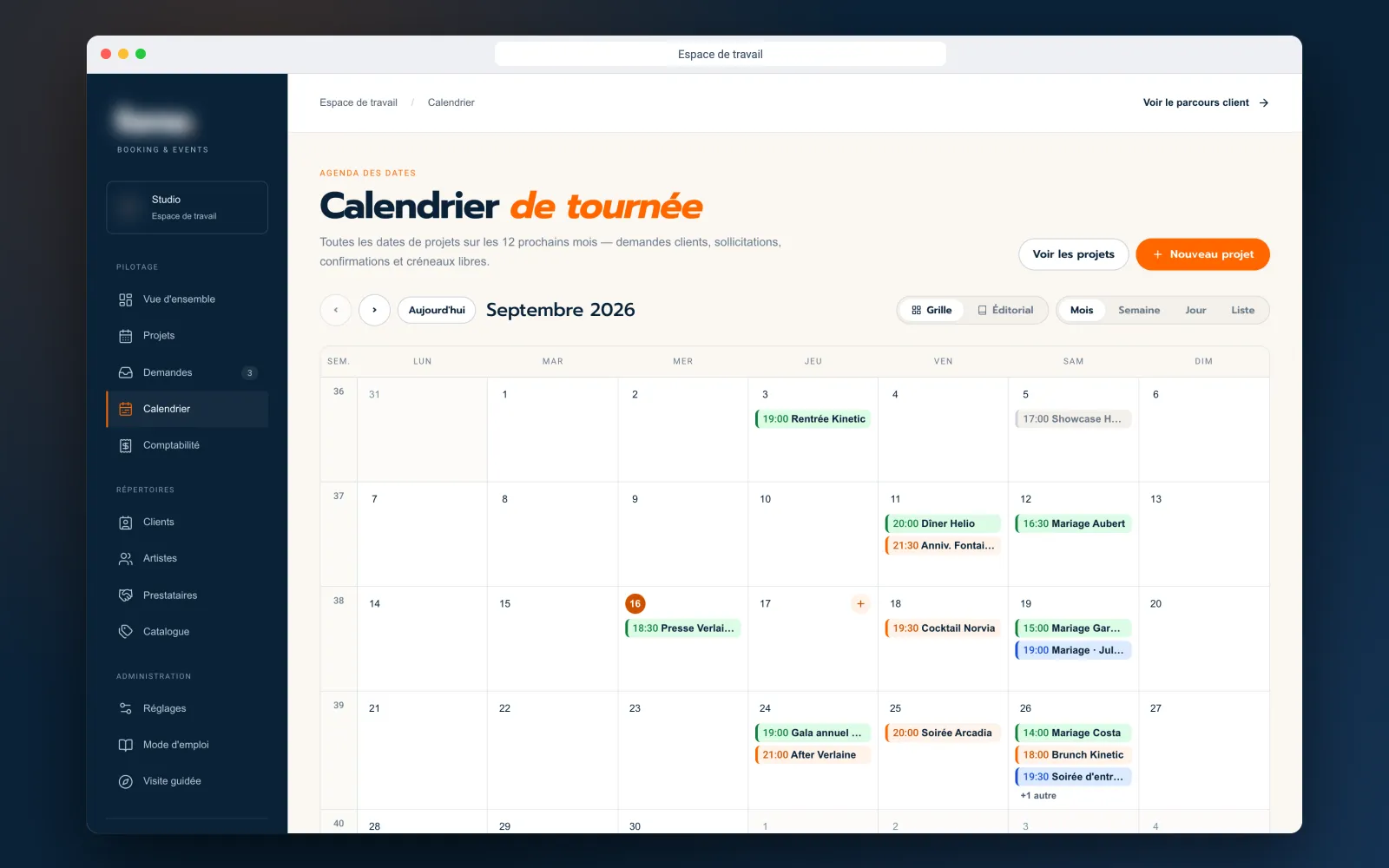 Monthly calendar of project dates by status