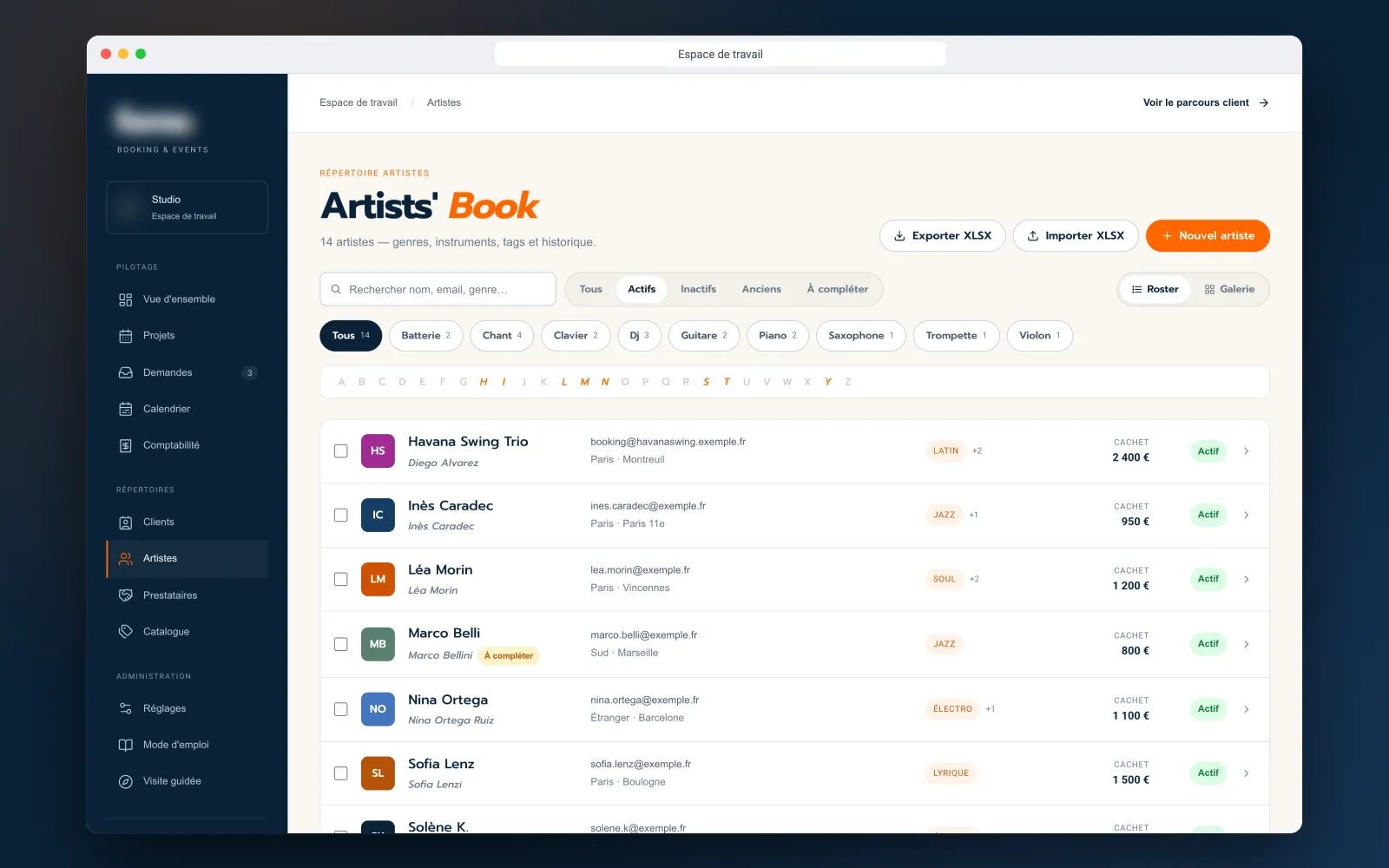 Artist directory filterable by instrument