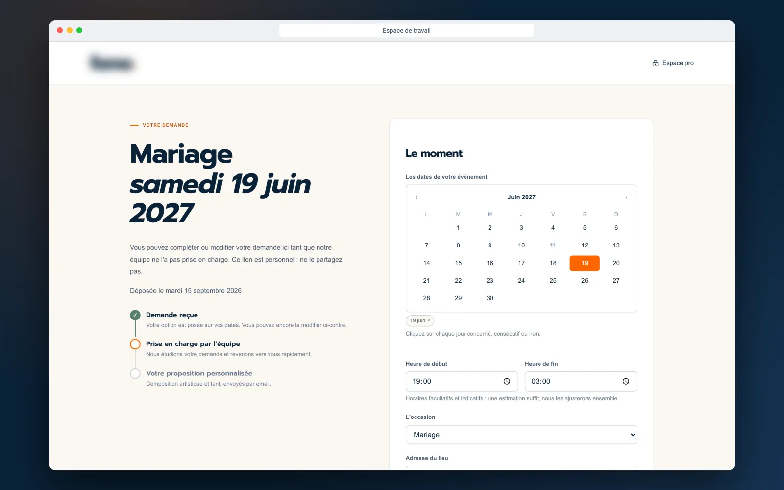 Request tracking page with steps and date picker