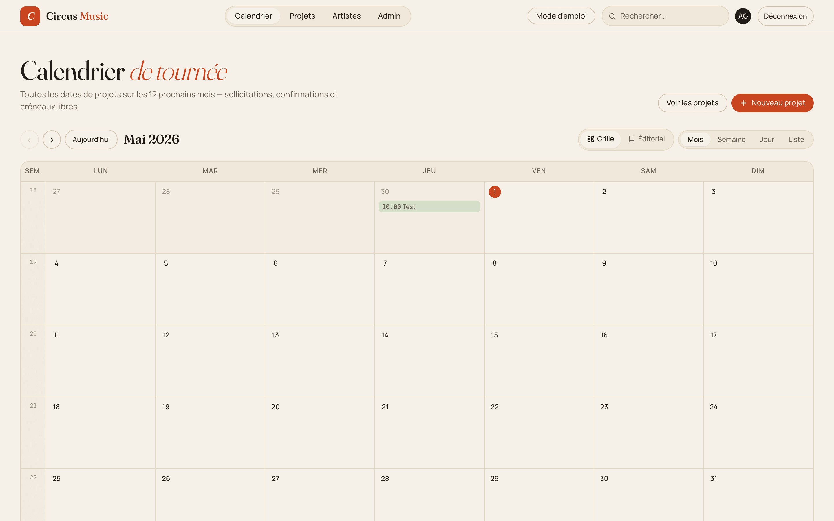 Calendrier de tournée