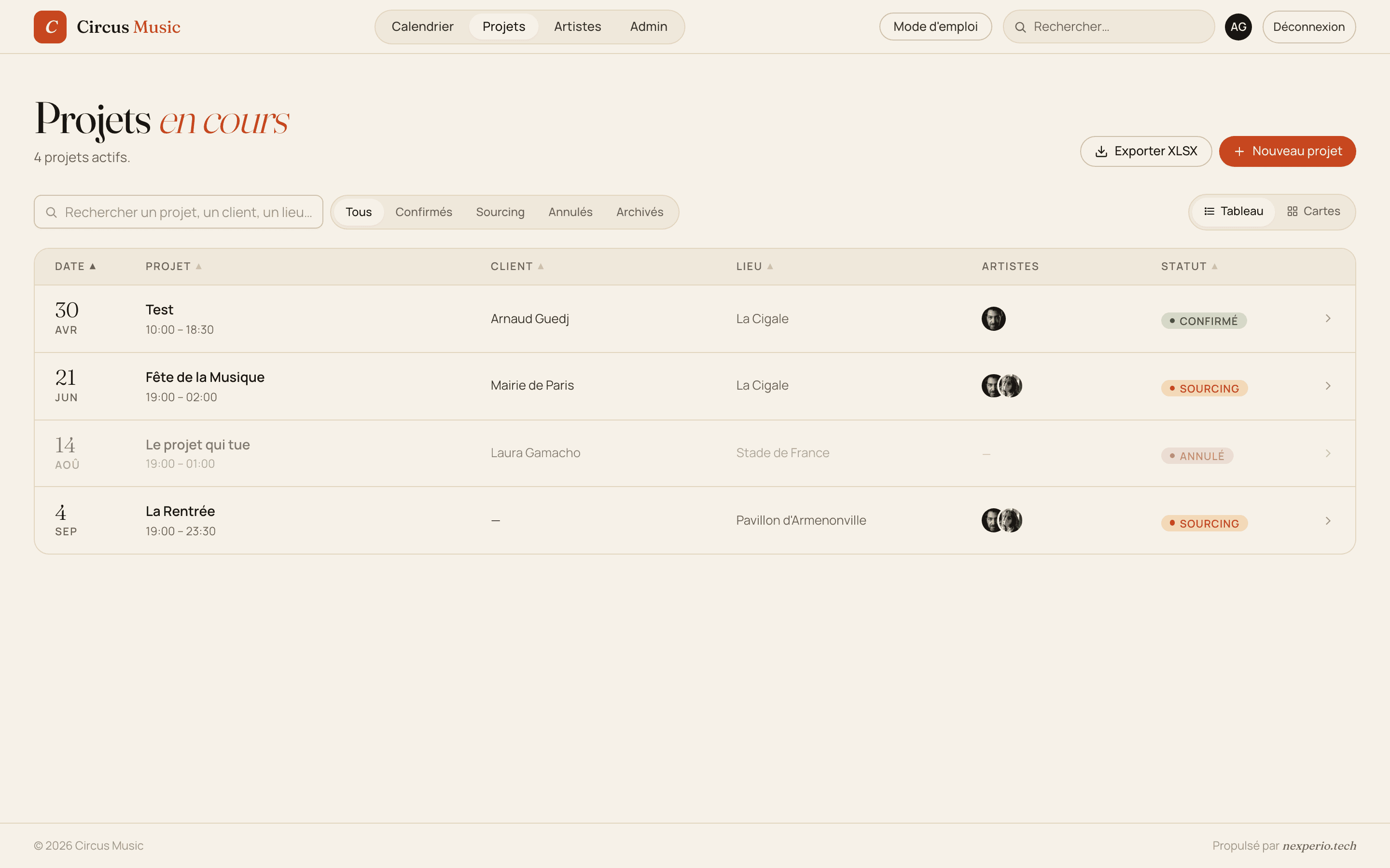 Liste des projets Circus Music
