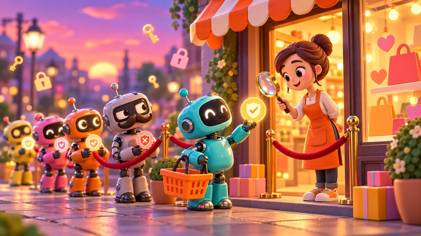 A shopkeeper in an orange apron, magnifying glass in hand, checks the glowing badge of a small turquoise robot shopper at her store's door, while a gray robot with a fake mustache is kept aside by a red velvet rope.