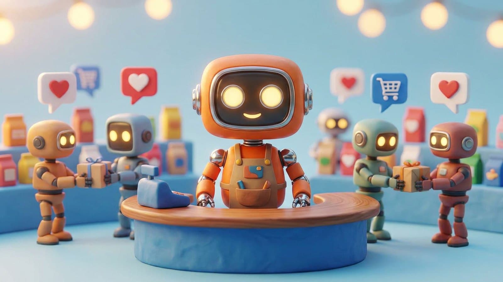 Robot orange rétro derrière un comptoir miniature, entouré de petits robots qui s’échangent colis et paniers, métaphore du commerce agentique.