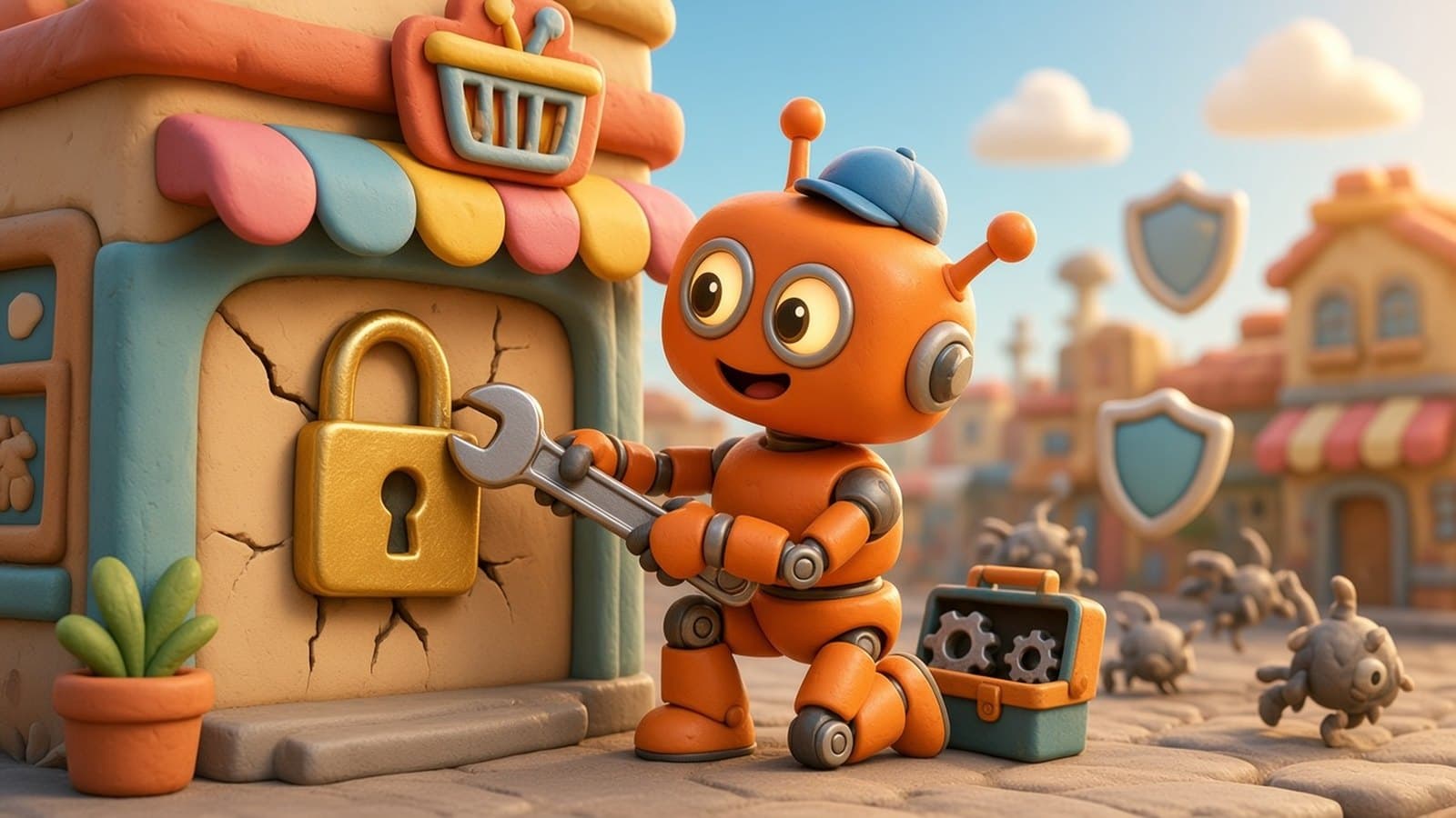 An orange robot in a blue cap uses a wrench to fix a crack in a small shop's wall with a golden padlock while little grey bugs scurry away.