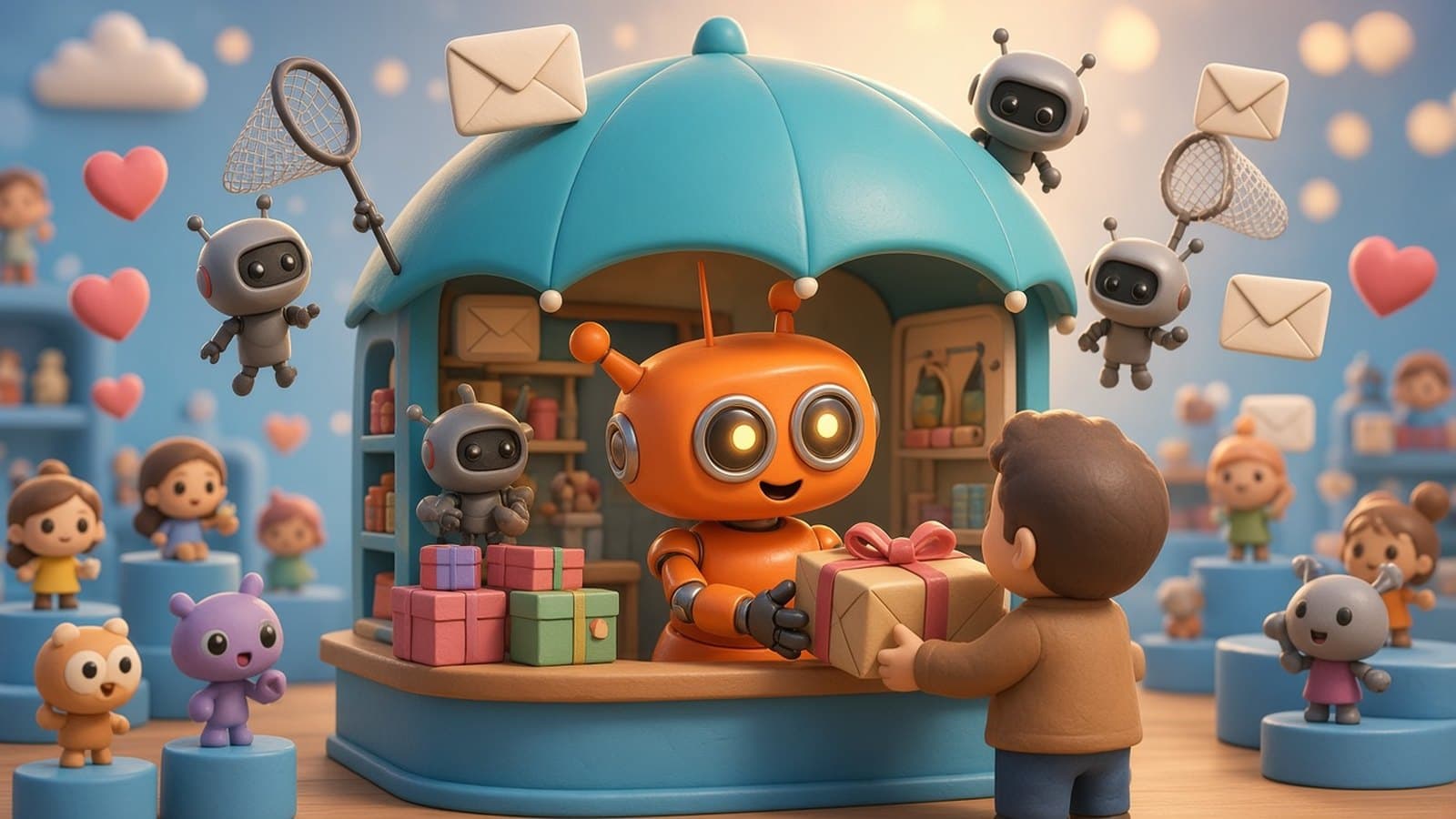 Un robot orange souriant tend un colis à un client derrière un petit comptoir abrité par un parapluie turquoise, qui tient à l'écart des drones espions armés de filets à papillons visant des enveloppes.