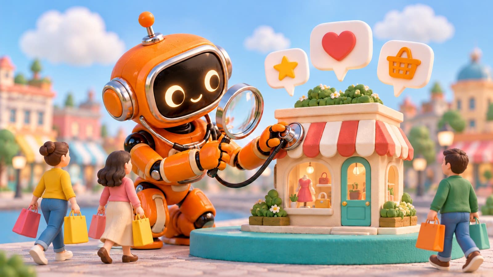 A small orange robot holding a magnifying glass and a stethoscope examines a miniature shop, with floating chat bubbles pointing at it while small shoppers walk toward it.